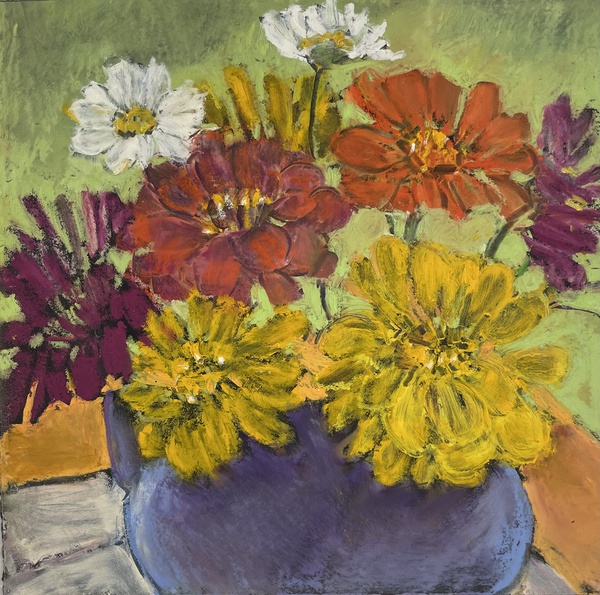 Daisy Craddock - Blue Pot of Zinnias